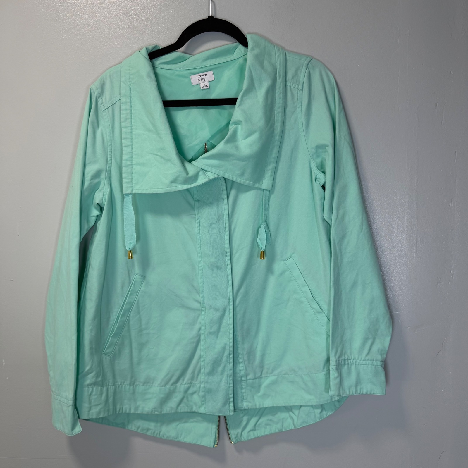 Crown & Ivy Womens Mint Green Back Zip Utility Jacket Small Pastel Gold Detail